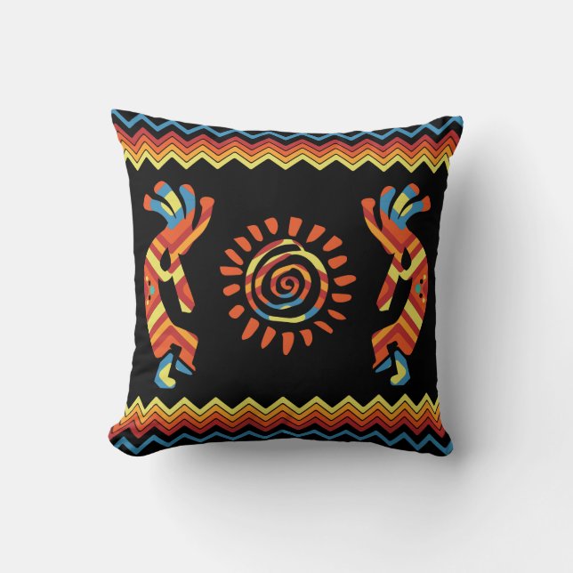 Colourful and Sun Kokopelli Throw Pillow (Front)
