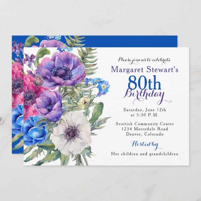 Colourful Anemone Flower 80th Birthday Invite (Front/Back)
