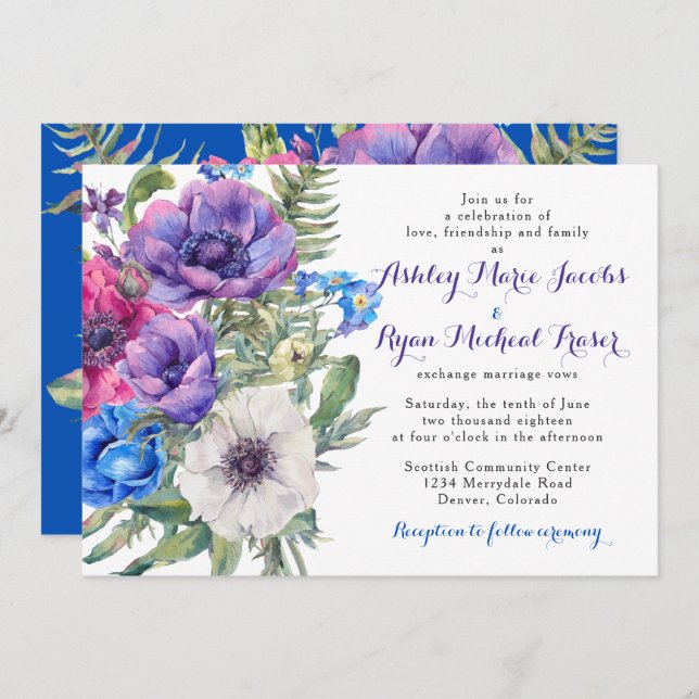 Colourful Anemone Flower Floral Wedding Invitation (Front/Back)