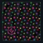 Colourful Animal Paw Prints Monogram on Black Bandana<br><div class="desc">Show how much you love animals with this cute colourful paw patterned bandanna. Also looks awesome with a white background. Bet your pet will look adorable wearing it!</div>