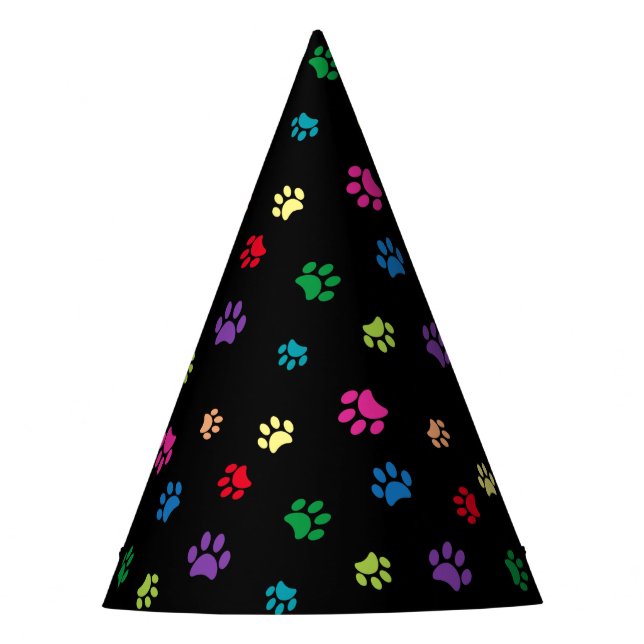 Colourful Animal Paw Prints on Black Party Hat (Front)