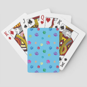 Colourful Animal Paw Prints on Blue Playing Cards