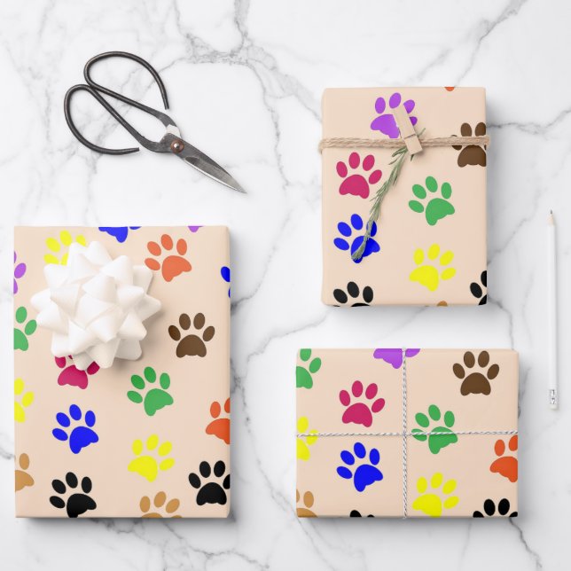 Colourful animal paws pattern pink wrapping paper sheet (Front)