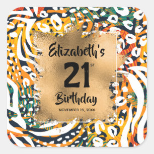 Colourful Animal Print 21st Birthday Personalised Square Sticker