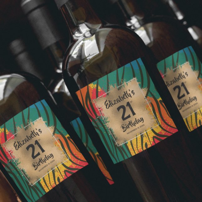 Colourful Animal Print 21st Birthday Personalised Wine Label (Creator Uploaded)