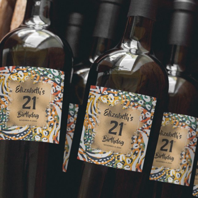 Colourful Animal Print 21st Birthday Personalised Wine Label (Creator Uploaded)