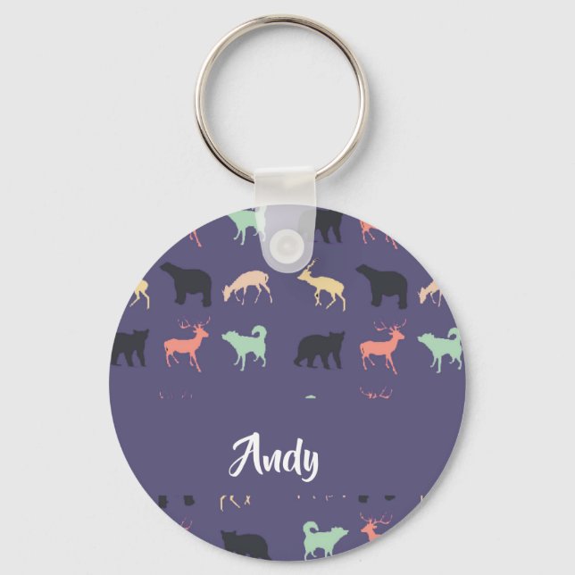 Colourful animal silhouettes on blue key ring (Front)