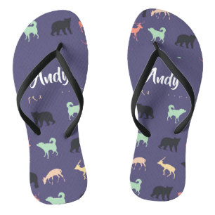 Colourful animal silhouettes on blue thongs