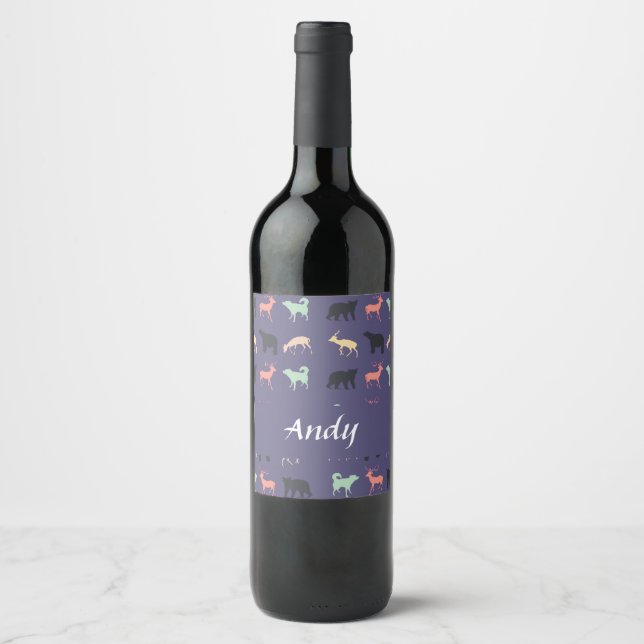 Colourful animal silhouettes on blue wine label (Front)