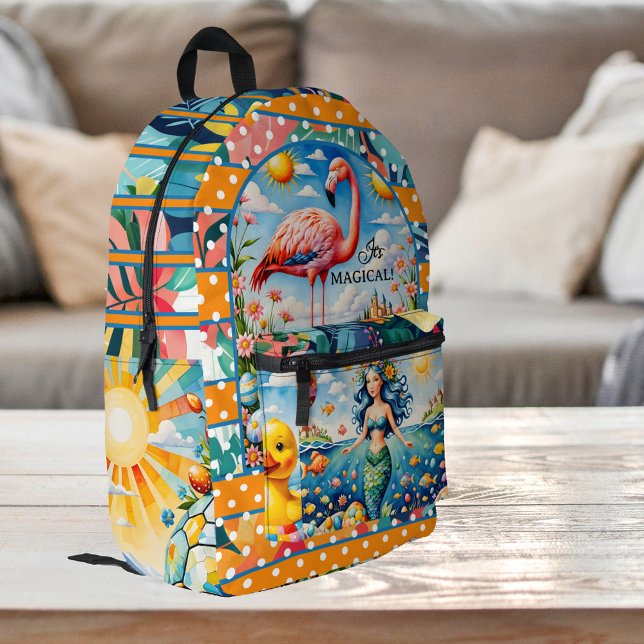 Colourful Animals Tropical Flowers Mermaid Magical Printed Backpack (Fun backpack featuring a wild colorful design with animals, tropical flowers and a mermaid.)