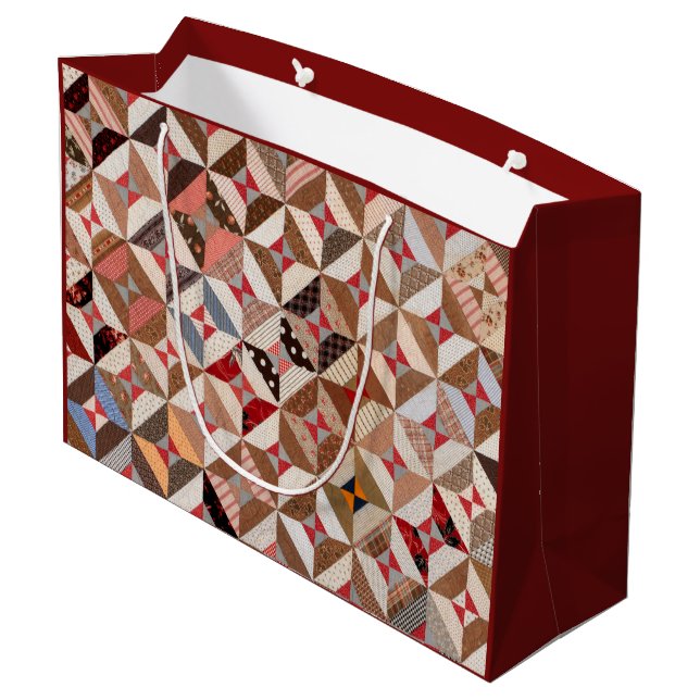 Colourful Antique Spool Pattern Patchwork Quilt  Large Gift Bag (Back Angled)