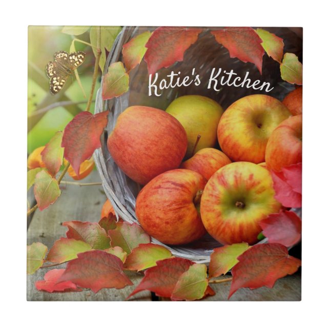 Colourful Apple Basket and Fall Leaves. Customised Ceramic Tile (Front)