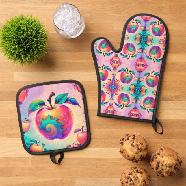Colourful apple oven mitt & pot holder set (Top Down)