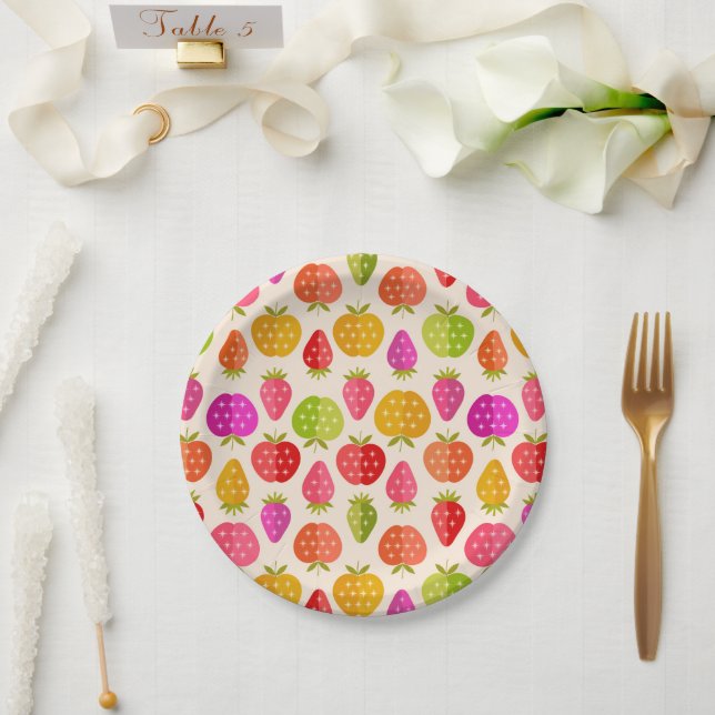 Colourful Apples and Strawberries with Retro Stars Paper Plate (Wedding)