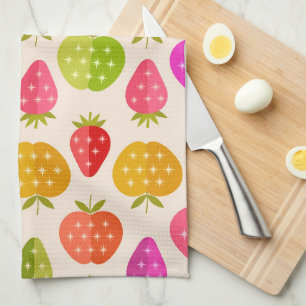 Colourful Apples and Strawberries with retro stars Tea Towel