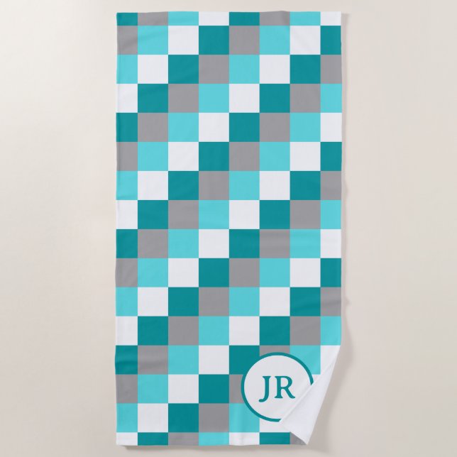 Colourful Aqua and Teal Check Personalised Intials Beach Towel (Front)