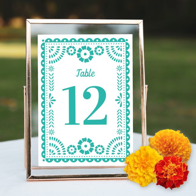 Colourful Aqua Papel Picado Wedding Table Number (Creator Uploaded)