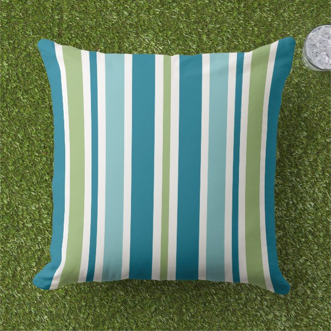 Colourful Aqua Teal Green Summer Stripes Pattern Cushion (Grass)