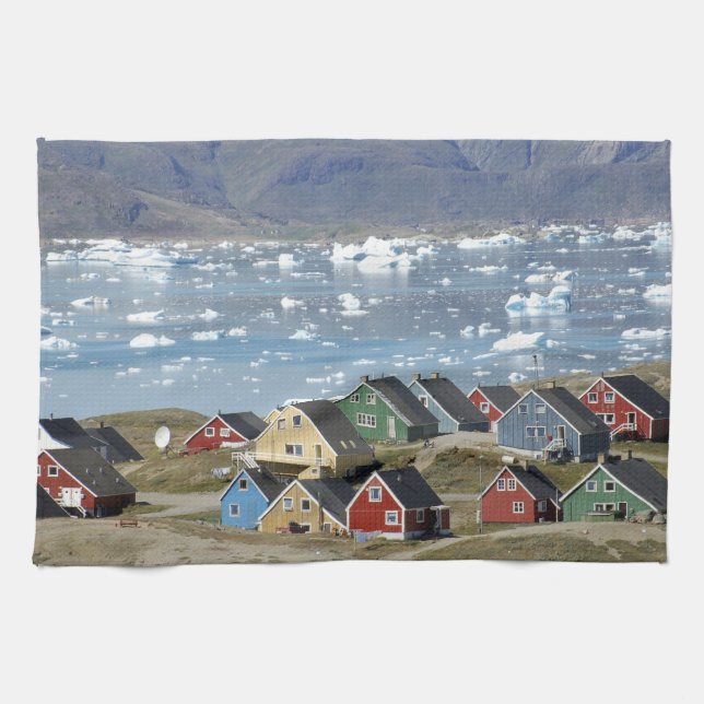 Colourful architecture of the town, Narsaq, Tea Towel (Horizontal)