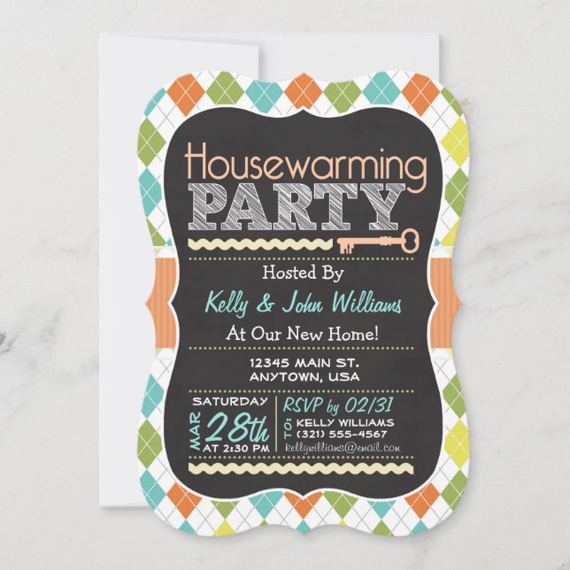 Colourful Argyle; Chalkboard Housewarming Party Invitation (Front)