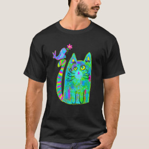Colourful Art Cat With Blue Bird For Cat T-Shirt