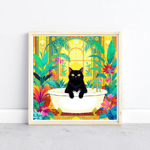 Colourful Art Deco Black Cat in Bath Tub Poster