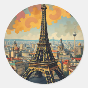 Colourful Art Deco Eiffel Tower Illustration Classic Round Sticker