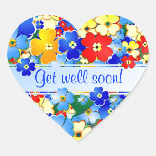Colourful Art Deco Flowers Get Well  Heart Sticker