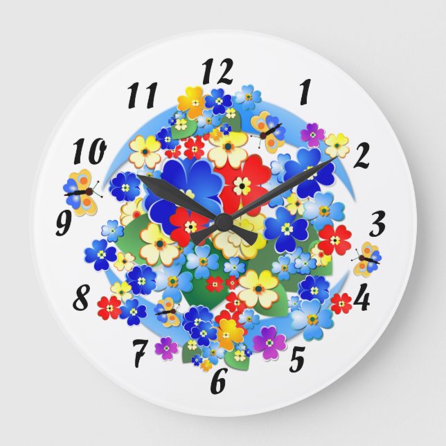 Colourful Art Deco Flowers Large Clock (Front)
