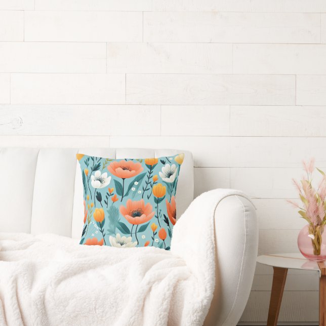 Colourful art flowers-aqua, white, peach, yellow, cushion (Couch)