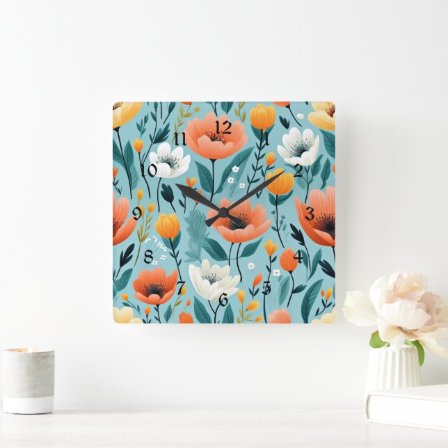 Colourful art flowers-aqua, white, peach, yellow, square wall clock (Home)
