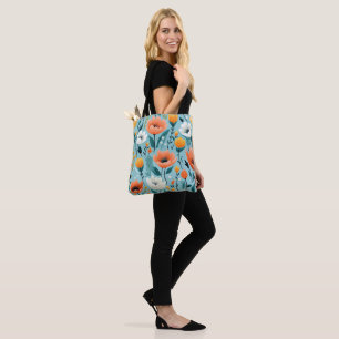 Colourful art flowers-aqua, white, peach, yellow, tote bag