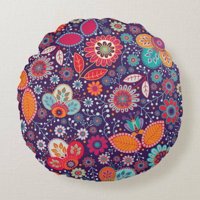 Colourful Art Illustration Nature Floral Pattern Round Cushion (Front)
