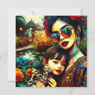 Colourful Art Mum and Daughter Asian Flower Garden