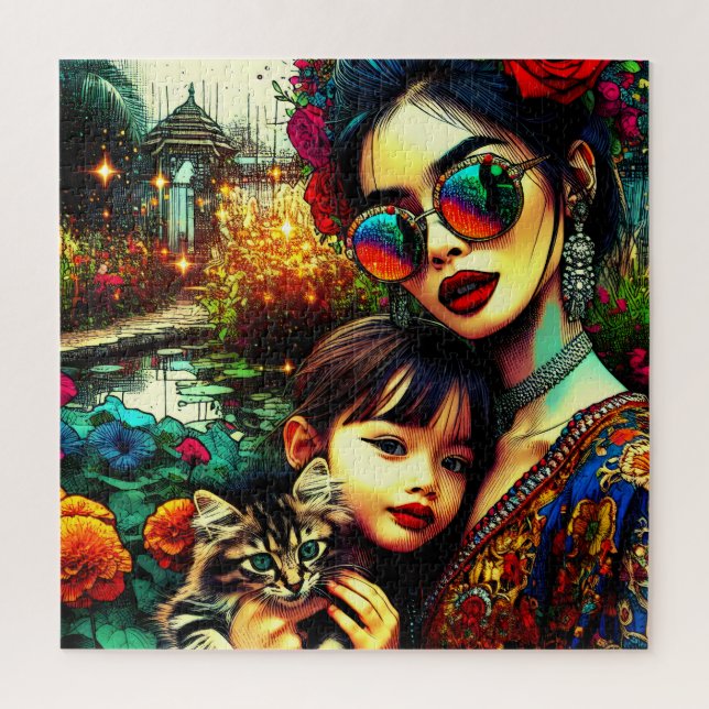 Colourful Art Mum and Daughter Asian Flower Garden Jigsaw Puzzle (Vertical)