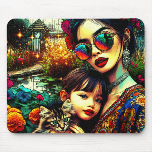 Colourful Art Mum and Daughter Asian Flower Garden Mouse Pad