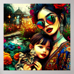 Colourful Art Mum and Daughter Asian Flower Garden Poster