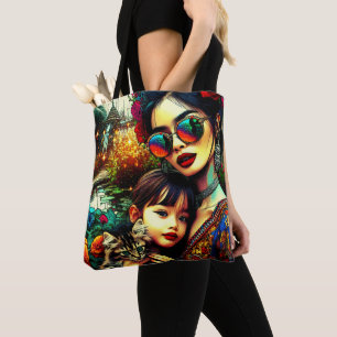 Colourful Art Mum and Daughter Asian Flower Garden Tote Bag