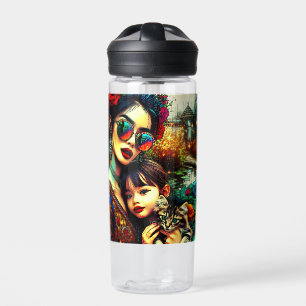 Colourful Art Mum and Daughter Asian Flower Garden Water Bottle