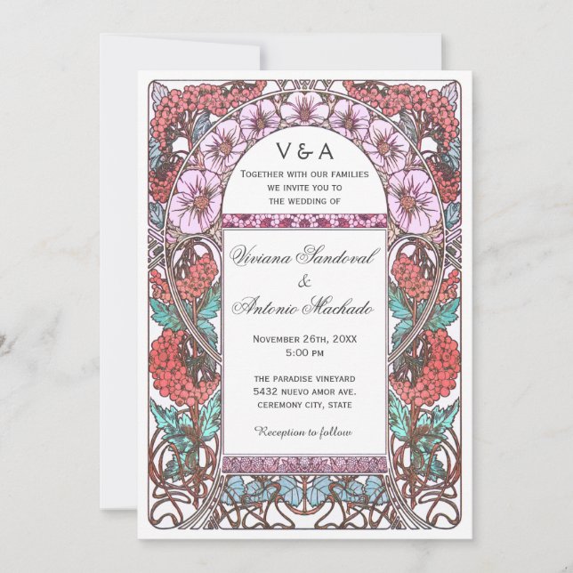 Colourful Art Nouveau Vintage Wedding Invitations (Front)