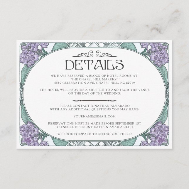 Colourful Art Nouveau Wedding Details Card (Set #6 (Front)