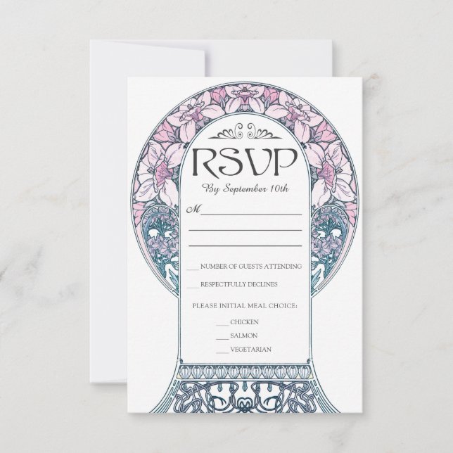 Colourful Art Nouveau Wedding RSVP Cards (Set #8) (Front)