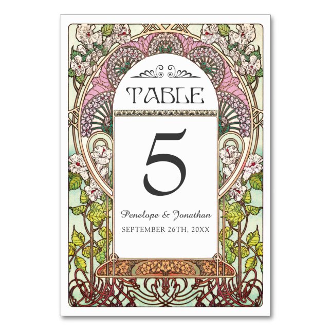 Colourful Art Nouveau Wedding Table Cards (Set #9) (Front)