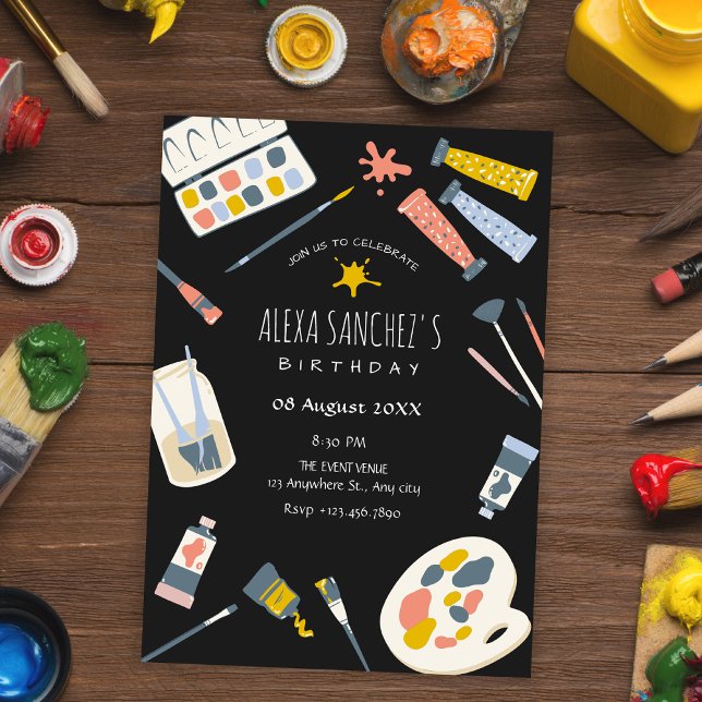 Colourful art paint brush birthday invitation (Creator Uploaded)
