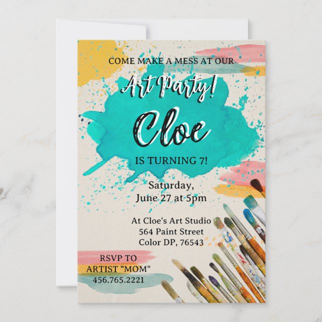 Colourful Art Party Invitation with Paint Stains (Front)