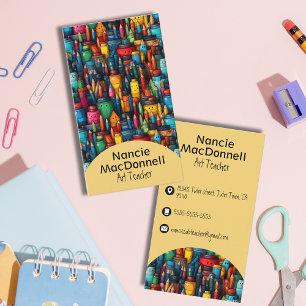 Colourful Art Teacher Cartoon Crayon Pen Pattern Business Card