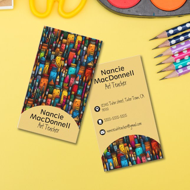 Colourful Art Teacher Painters Accessories Pattern Business Card (Colorful Art Teacher Painters Accessories Pattern Business Card)