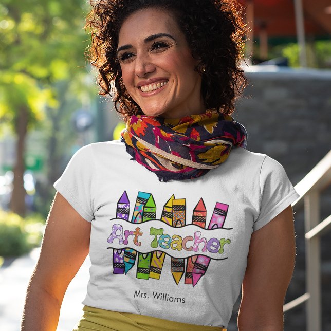 Colourful Art Teacher Text with Crayons T-Shirt (Creator Uploaded)
