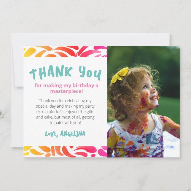 Colourful Art Themed Painting Party Girl Birthday Thank You Card (Front)