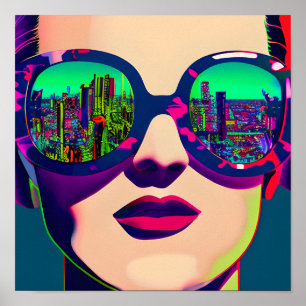 Colourful Art Woman in Sunglasses City Reflection  Poster
